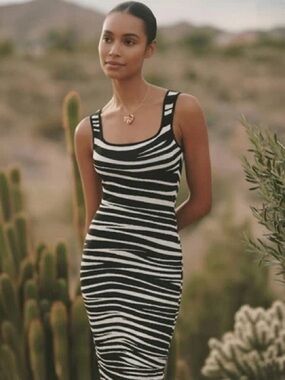 Black & White Sleeveless Zebra Print Midi Dress